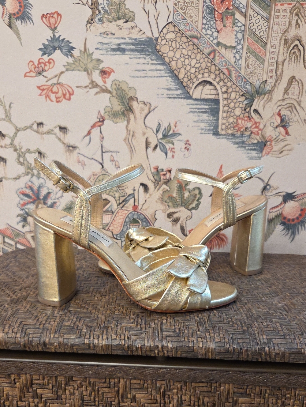ANTONIO MELANI Metallic Gold Knotted Block-Heel Sandals